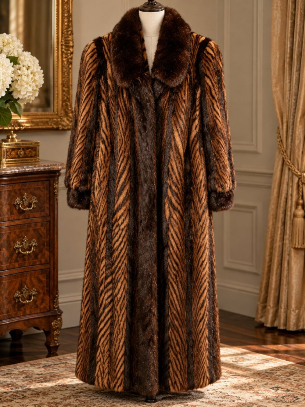 Vintage 80s Genuine Mink Fur Coat Full Length Brown Striped Luxury Women's Sz 8